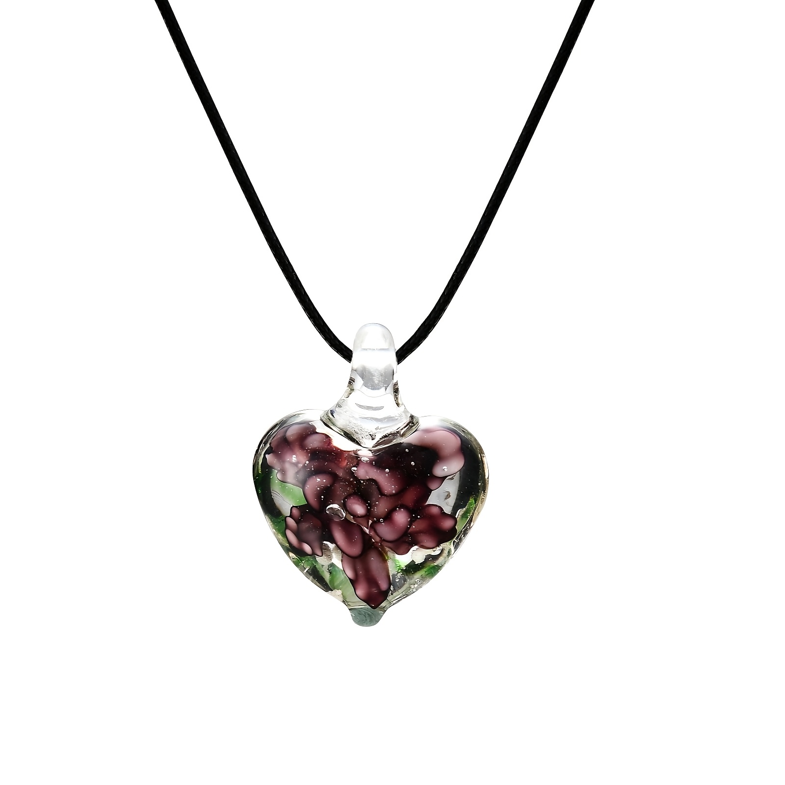 Handmade Glass Necklace with Glowing Heart Pendant, Floral Design